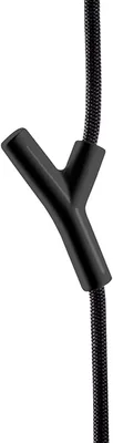 A close-up shot of a black Y-shaped cable splitter with two black braided cables.