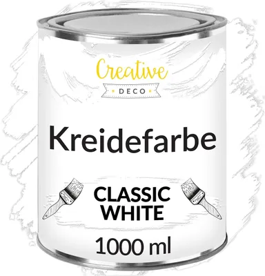 Produktbild von Creative Deco Weiß Kreide-Farbe | 1000 ml-Dose | Perfekt für Landhaus-Stil, Vintage-Stil, Decoupage, Möbel-Renovierung | Matt & abwaschbar | Wisch-Effekt und Gradient-Effekt möglich