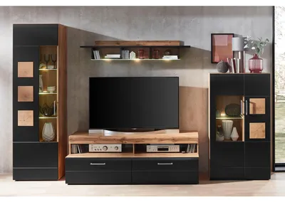 Produktbild von home24 Wohnwand - 4-teilig - inkl. Beleuchtung - Matt Schwarz / Eiche Nachbildung