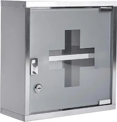 Produktbild von Theo&Cleo Medizinschrank aus Edelstahl abschließbarer Arzneischrank Erste-Hilfe-Schrank Hausapotheke,2 Fächer mit Glas Tür 33 x 30 x 12 cm cm (Silber - 2 Fächer)