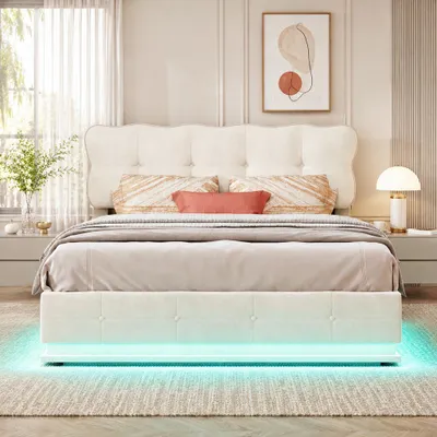 Zdjęcie produktu dla Łóżko platformowe INONEFT, podwójne, 140x200 cm, z podświetleniem LED, tapicerowane, z hydraulicznym podnoszeniem i pojemnikiem na pościel, rama łóżka młodzieżowa z listwowym materacem i pojemnikiem na pościel, obita welurem, kolor beżowy