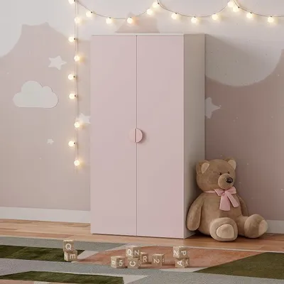 Produktbild von Kinderkleiderschrank Sandnes Garderobenschrank für Kinder 123 x 60 x 40 cm Kleiderschrank Kinderzimmer mit 2 Türen 1 Kleiderstange 1 Ablagefach Kinderschrank Weiß/Rosa
