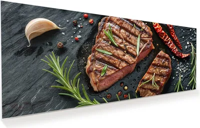 Produktbild von Glasbild 100x40cm in XXL für Wohnzimmer, Schlafzimmer Motiv Gegrilltes Steak