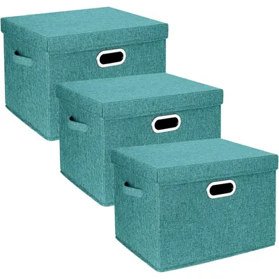 Zdjęcie produktu dla Pojemnik do przechowywania z pokrywą, wykonany z tkaniny, składany, nadający się do prania, wymiary 44x30x29 cm, zestaw 3 sztuk, kolor: Aqua Deep