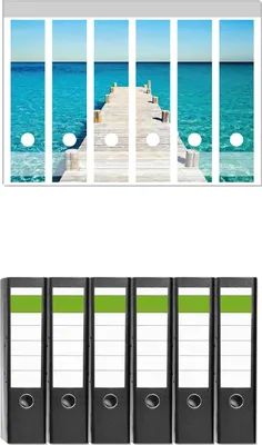 Produktbild von Wallario 6 Stück breite Ordner inkl. Klebeetiketten mit Motive Steg am tropischen Meer -  Set mit Rückenschildern / Ordnerrücken Stickern