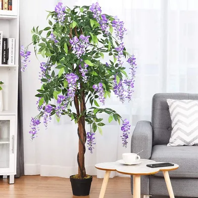 Produktbild von Kunstpflanze im Topf, Künstlicher Baum mit 3 Natürlichen Stämmen, Kunstbaum mit Lila Blumen aus Polyestertuch, Künstliche Pflanze mit Kunstrattan & Blauregen, 150 cm