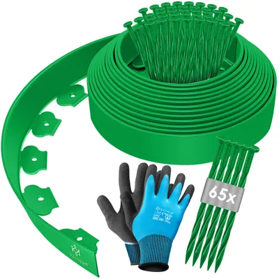 Produktbild von KESSER® Flexible Rasenkante aus Kunststoff Länge 10m Höhe 5cm, mit 50 Erdanker + Handschuhe, Beeteinfassung Beetumrandung Beetbegrenzung Mähkante Pflastersteine Palisade