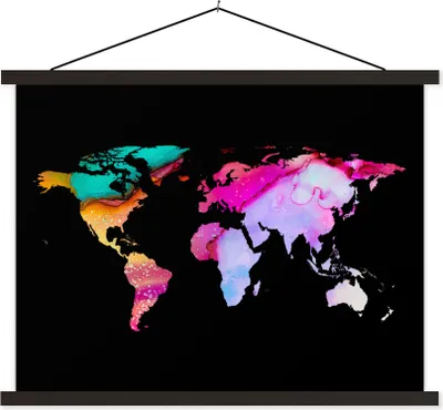 Produktbild von MuchoWow® Textilposter Weltkarte - Regenbogen - Schwarz 40x30 cm mit schwarzem Rahmen - Dekorationen