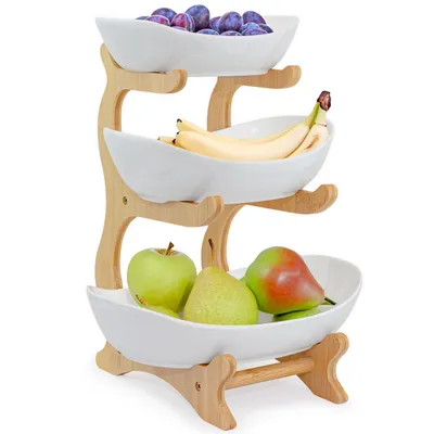 Produktbild von Dimono Obst & Dessert Etagere Türkis mit 3 Porzellan-Schalen & Bambus-Gestell. Elegantes Serviertablett für Snacks, Tapas & Käse