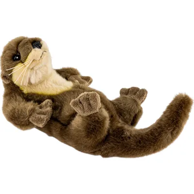 A plush toy otter lying on its back against a white background.
