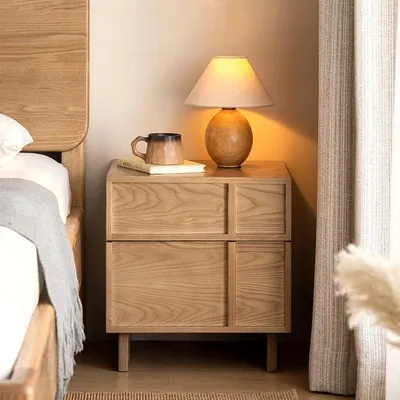 Imagen del producto de Mesa de noche moderna de madera maciza con 2 cajones, 45x40x48 cm, color natural