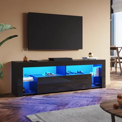 Image de SONNI Armoire TV Noir brillant 160 x 35 x 45cm Équipée d'une bande lumineuse RGB et d'un meuble de rangement