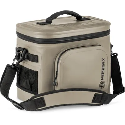 A studio shot of a sand-colored cooler bag with black accents.