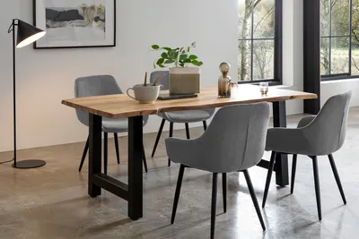 Produktbild von SalesFever 5-tlg. Akazie-Tischgruppe | 180 x 90 cm | Platte 35 mm natur | Metallgestell schwarz | 4 Stühle mit Cord-Optik | grau – schwarz