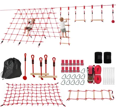 Zdjęcie produktu dla Zestaw AIYAPLAY Ninja Line dla dzieci – 10 m slackline wraz z linką, kółkami gimnastycznymi i huśtawką