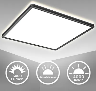 A square LED ceiling light with a black frame, shown from a low angle against a light gray background. Below the light are three circular icons with text and graphics indicating product features.