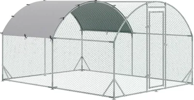Obrázek produktu pro Venkovní výběh pro slepice Moonbite, rozměry 280 × 380 × 197 cm, UV odolná stříška, uzamykatelné dveře, vhodný pro 6–12 slepic, materiál: ocel, barva: stříbrná