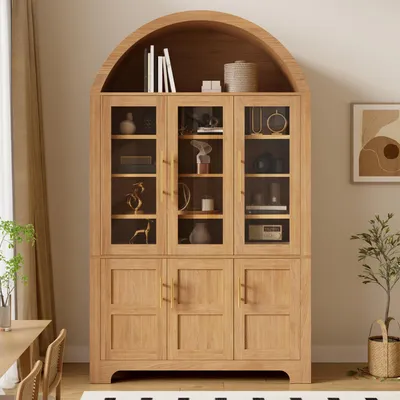 Immagine prodotto di Mobiletto alto Flieks con vano curvo nella parte superiore, 3 vetrine, 3 ante chiuse, credenza da cucina con ripiani regolabili, mobiletto contenitore, legno naturale