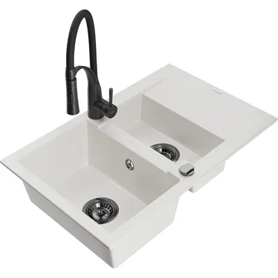Obrázek produktu pro Mexen Gaspar 1,5-miskový granitový dřez s odkapávačem a kuchyňskou baterií Aster, Bílá - 6507-20-73450-70-B