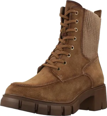 A single brown suede boot with a knitted cuff and a thick sole is shown against a white background.