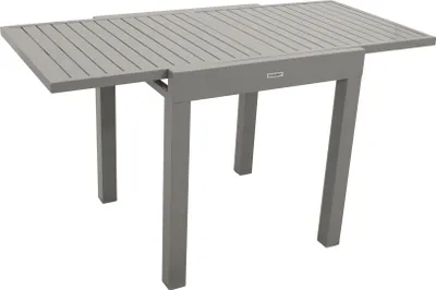 A gray outdoor table with extendable leaves, shown from a front-side angle against a white background.