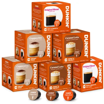 Productafbeelding van Dunkin' Donuts Assortimentbox – 60 koffiekapsules, 3 soorten: Cappuccino, Caramel Latte en Original Blend, compatibel met Dolce Gusto koffiemachines