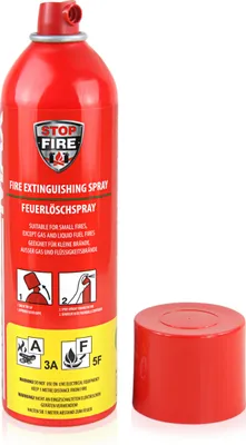 A red fire extinguishing spray can and its red cap are shown against a white background.