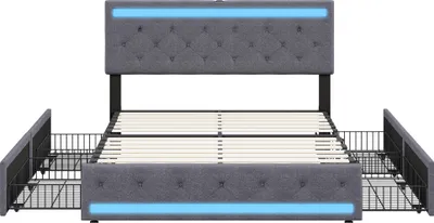 Zdjęcie produktu dla Podwójne łóżko w ciemnoszarej pościeli 140x190 cm - Zintegrowana dioda LED, porty USB/Type-C, 4 metalowe szuflady