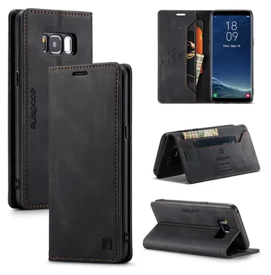 Produktbild von Galaxy S8 Plus Brieftasche Hülle, Retro Kunstledertasche Stand Schutzhülle für Samsung Galaxy S8 Plus Schwarz