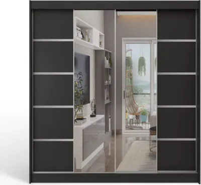 A sliding door wardrobe with mirrored doors, set in a room with a TV and balcony visible through the mirror.