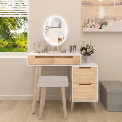 Productafbeelding van Puluomis make-up tafel met LED-verlichting en spiegel, ovaal van vorm. Cosmetische tafel/kaptafel met beklede kruk en kast, wit, houtkleur