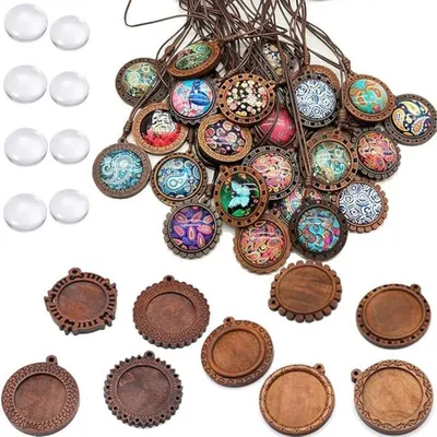 Image de Kit de fabrication de bijoux : 18 supports en bois pour pendentifs avec 18 cabochons en verre, de 30 mm et 25 mm