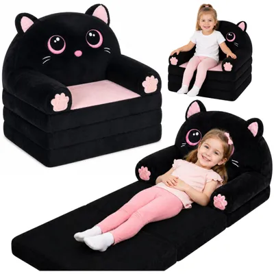 Image de Fauteuil inclinable canapé chaton 2 en 1 pour enfants peluche douce noir