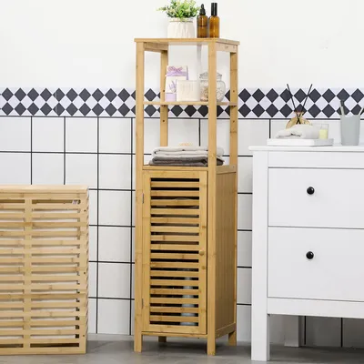 Produktbild von Badregal Hochschrank mit Lamellentür, Badezimmerschrank Bambus verstellbare Böden, Naturholz | 32,9 x 29,9 x 120 cm | Kippsicherung | 7,3 kg