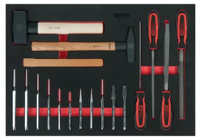 Zdjęcie produktu dla KS TOOLS Zestaw pilników, dłut i młotków, 18-częściowy z wkładką w systemie 1/1 ( 711.1018 )