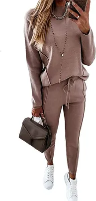 Image de ASKSA Femme Jogging Combinaison d'entraînement Combinaison de loisirs Combinaison pantalon deux pièces avec poches, Rose abricot,S