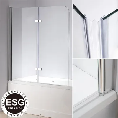A collage of images showing a glass shower enclosure for a bathtub, with close-up details of its construction and a safety glass certification logo.