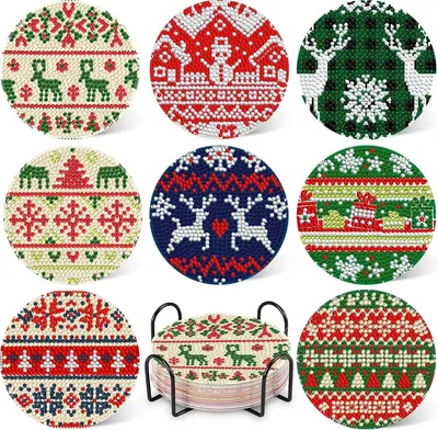 Productafbeelding van Diamond Painting onderzetters - Set van 8 - Kerstset met houder - Diamond Painting dienblad - 5D-onderzetters - Knutselen - Volwassenen - Kopjes