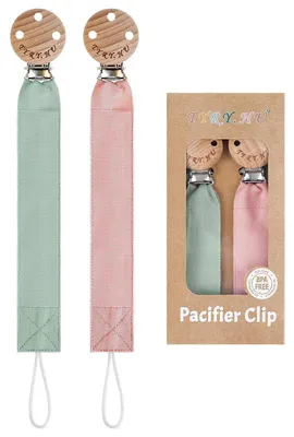 Productafbeelding van Set van 2 tuttelkettingen, stoffen clip, hout, katoen, groen, roze, voor pasgeborenen, cadeau