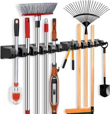 Immagine prodotto di Confezione da 2 supporti da parete per scope, portautensili da parete con 10 supporti e 12 ganci, portascope, portautensili, portattrezzi da giardino, organizer per casa, cucina, bagno, garage, giardino