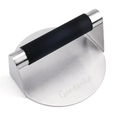 Image de Presse à burgers en acier inoxydable, diamètre 15,2 cm, avec poignée en silicone, idéale pour le grill et la poêle