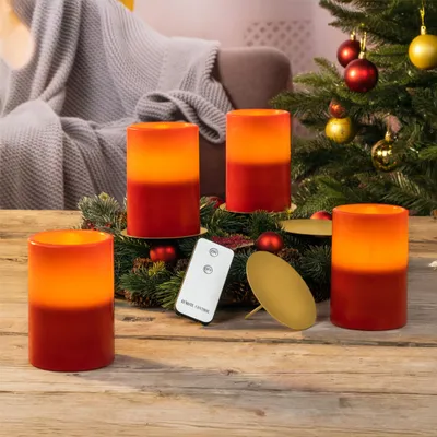 Produktbild von LED Wachskerzen rot mit Kerzentellern gold - 4er Set - Künstliche Stumpen Kerzen mit Fernbedienung