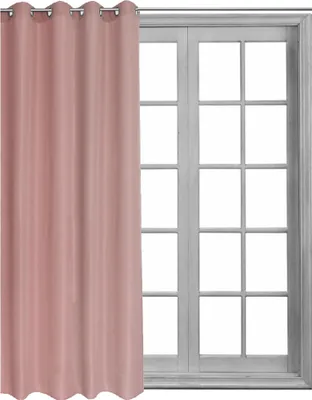 A pink curtain is shown hanging on a curtain rod in front of a window with multiple panes.