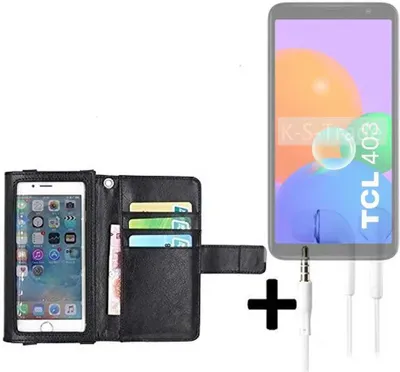 Produktbild von K-S-Trade Handyhülle + Kopfhörer kompatibel mit TCL 403 Schutzhülle Case mit Displayschutz / Schutzfolie schwarz + Kopfhörer Flip Cover Wallet