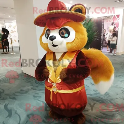 Produktbild von Goldener REDBROKOLY Roter Panda Maskottchen Kostüm Charakter gekleidet mit einem Abendkleid und Hüten