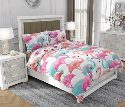 Produktbild von Bettwäsche 200x220 cm + 2x70x80 cm, 3-teilig, 100% Baumwolle, Satin, Reißverschluss, Flamingo, Rosa - SOVIO | So.9023