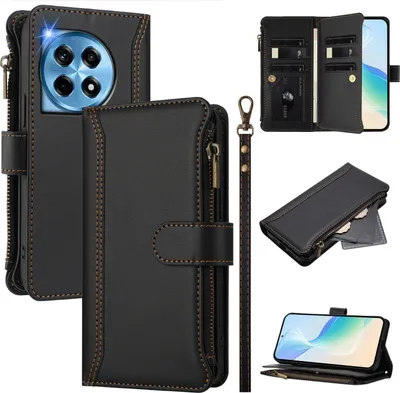 Image de Etui pour OnePlus 12, zippé, étui portefeuille en cuirPolyuréthaneavec pochettes pour cartes, support et dragonne noir