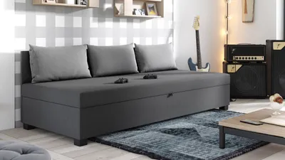 Produktbild von Schlafsofa Misti III - Einzelbett mit Kissen, Sofa mit Bettkasten, Bettsofa, Farbauswahl, Bettgestell, Komfortbett, Bett für Jugendzimmer, Schlafmöbel (Graphit + Grau (Lux 06 + Lux 05))
