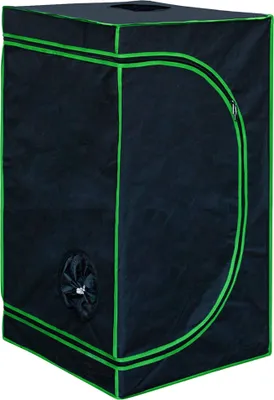 A black grow tent with green trim and a circular vent on the side.