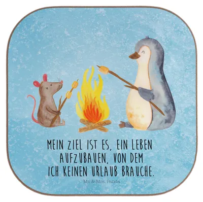 Produktbild von Mr. & Mrs. Panda Untersetzer Pinguin Lagerfeuer - Eisblau - Geschenk, Tassen, Coaster, Maus, gläseruntersetzer, Job, Gläser, Arbeit, Grillen, Tischschoner, Glas